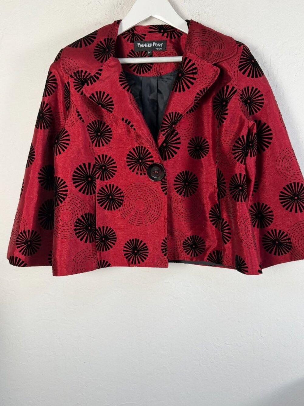 Painted Pony Women Medium Red Black Geometric Flocked Velvet Swing Blazer Jacket